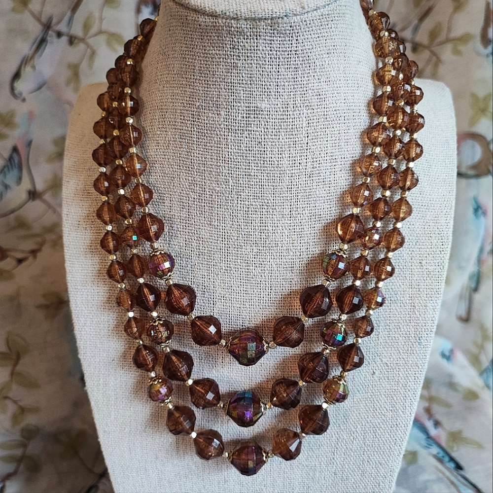 3 Strand Vintage Hong Kong Signed Triple Faceted Rootbeer Root Beer Necklace EUC